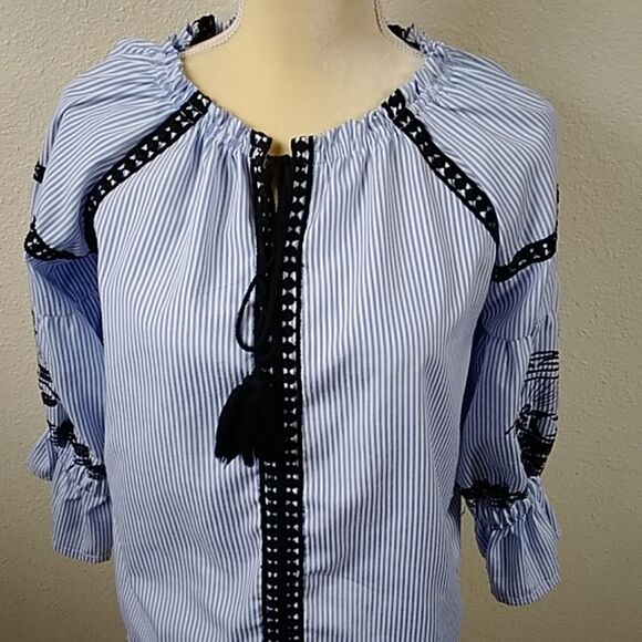 MANGO USA Blue and Black Relaxed Striped Embroidery Women's Blouses Size S - Picture 5 of 16
